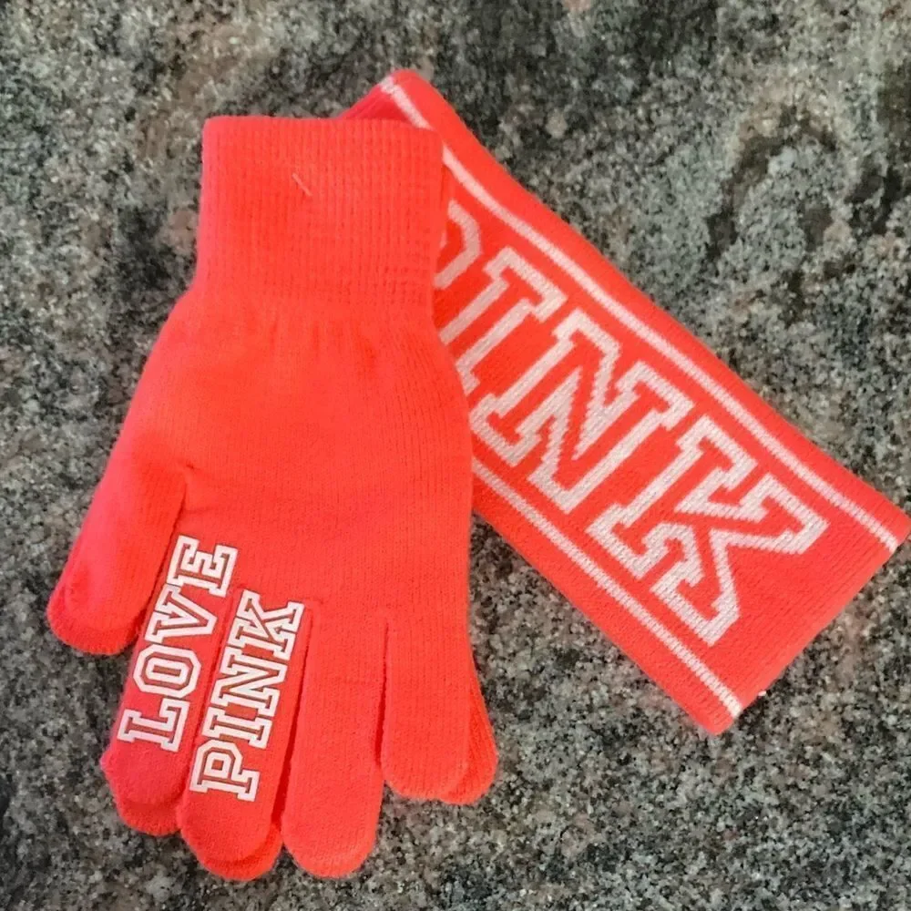 Victoria’s Secret Pink gloves & headband set neon